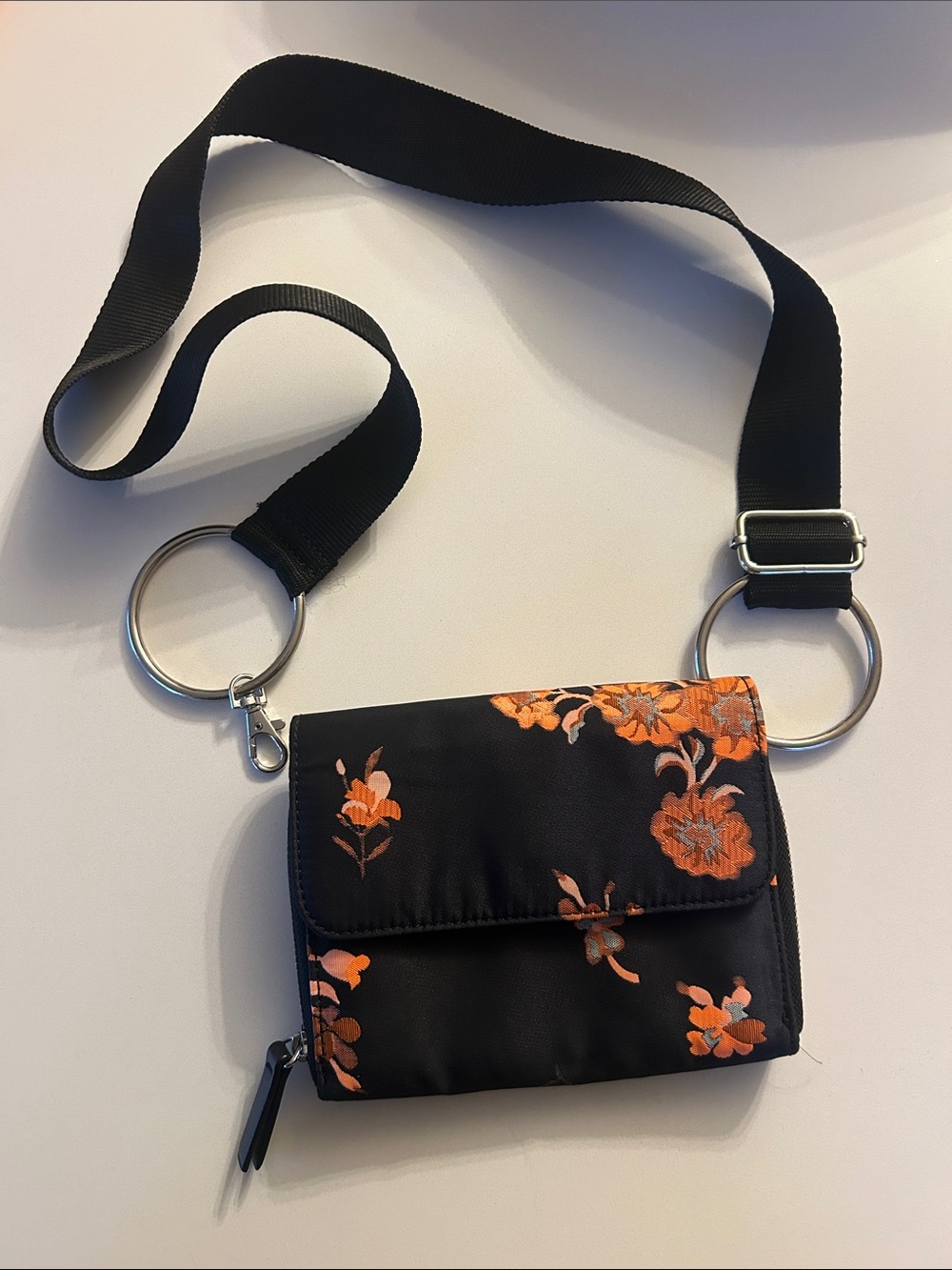 Floral Crossbody Wallet Bag - Black with Orange Floral